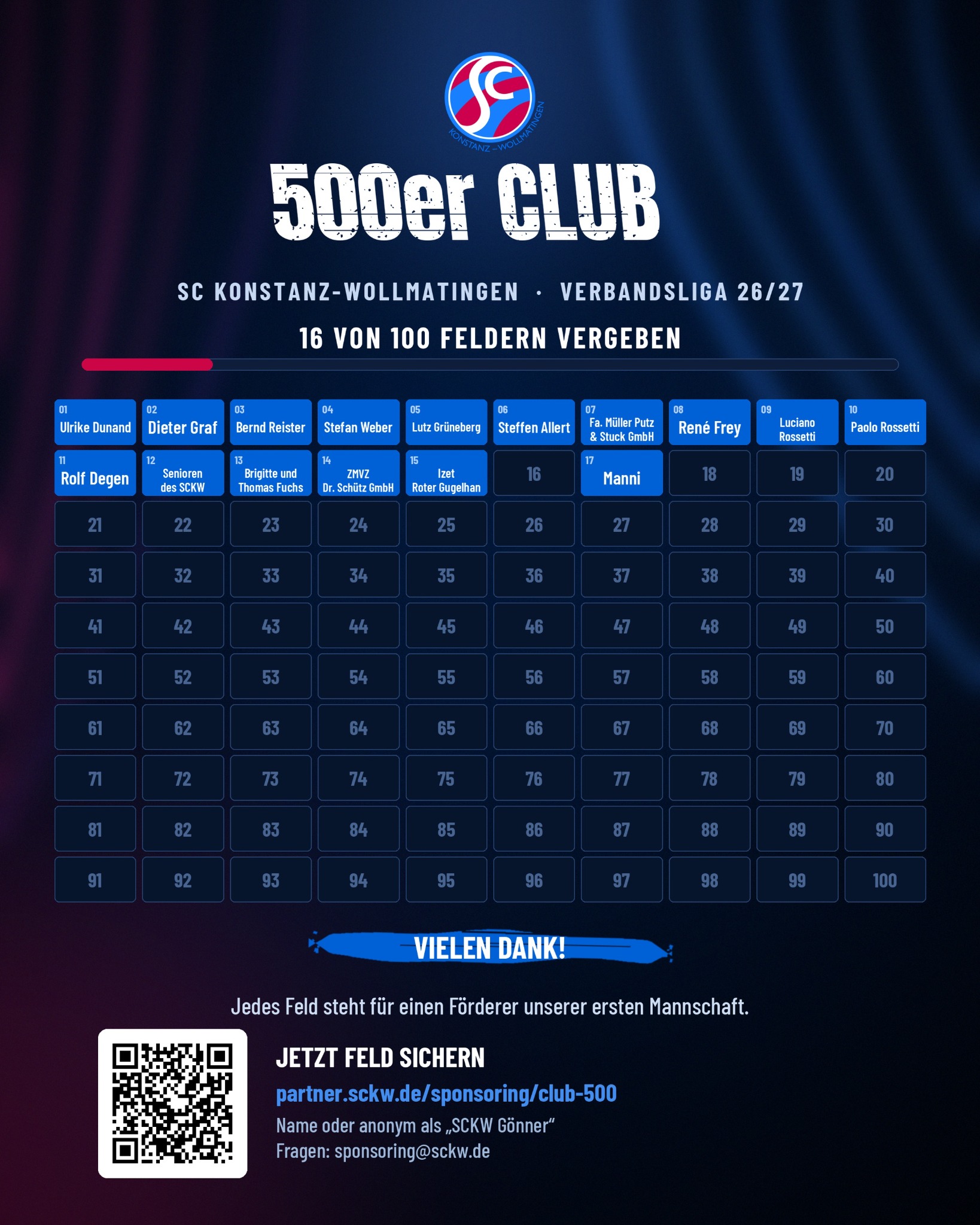 Fördertafel des 500er Clubs: 16 von 100 Feldern sind vergeben. Vielen Dank an alle Förderer unserer ersten Mannschaft.