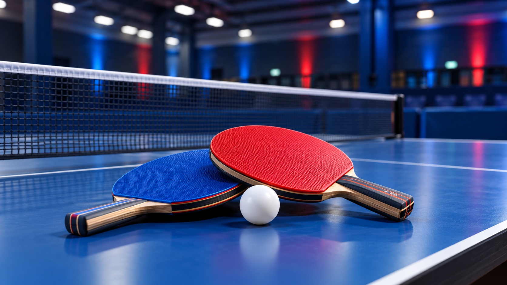 Blauer und roter Tischtennisschläger mit weißem Ball am Netz in den SCKW-Vereinsfarben